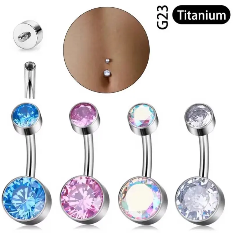 G23 التيتانيوم Astm F136 14 جرام الداخلية الخيوط مزدوجة الزركون السرة خواتم البطن زر ثقب الحديد فتاة النساء مجوهرات للجسم #1