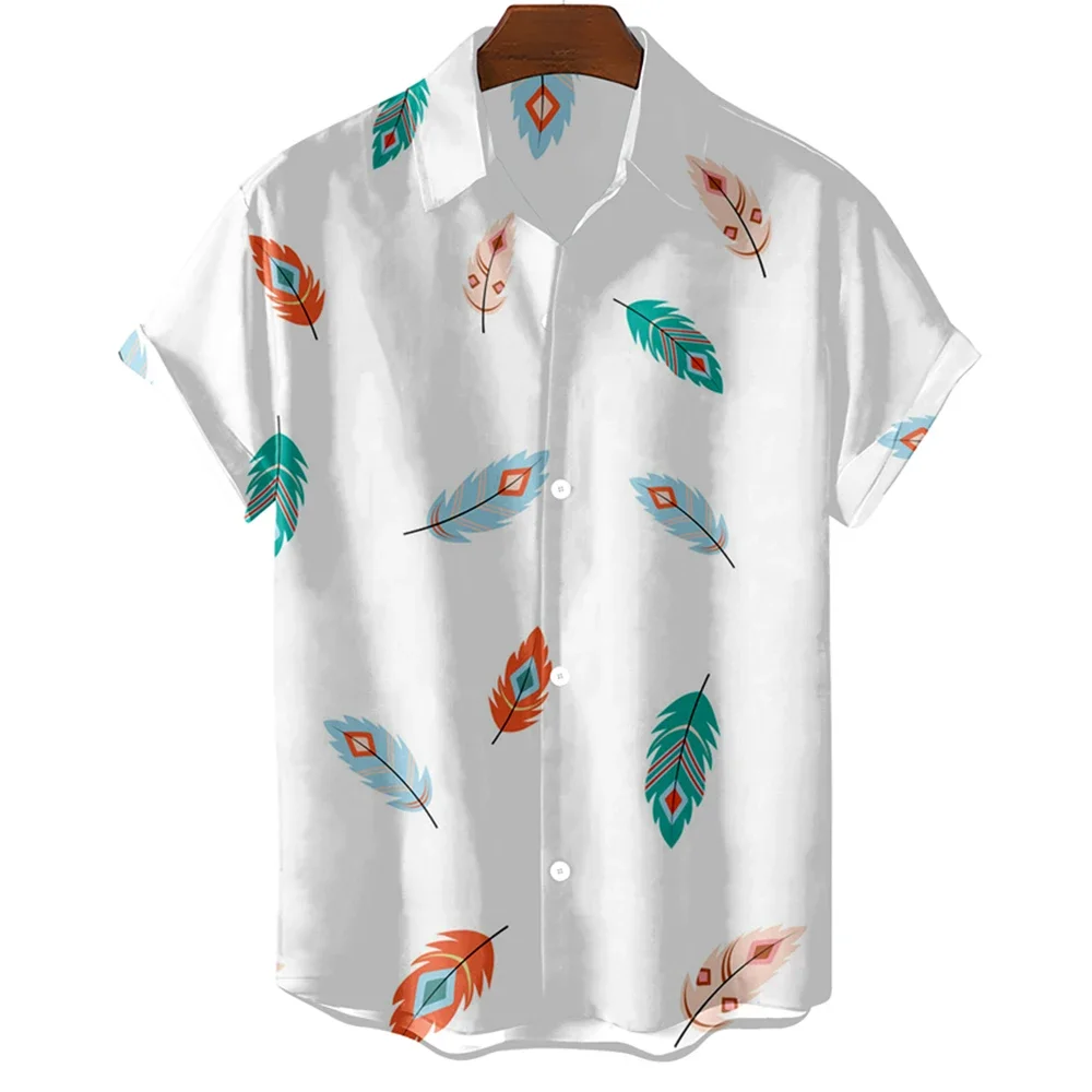 Fashion Original Men's Shirt Hawaii Casual Men Shirt Slim Fit Short Sleeve Tops Oversized Simple Feather Print Camisa MasculinaA