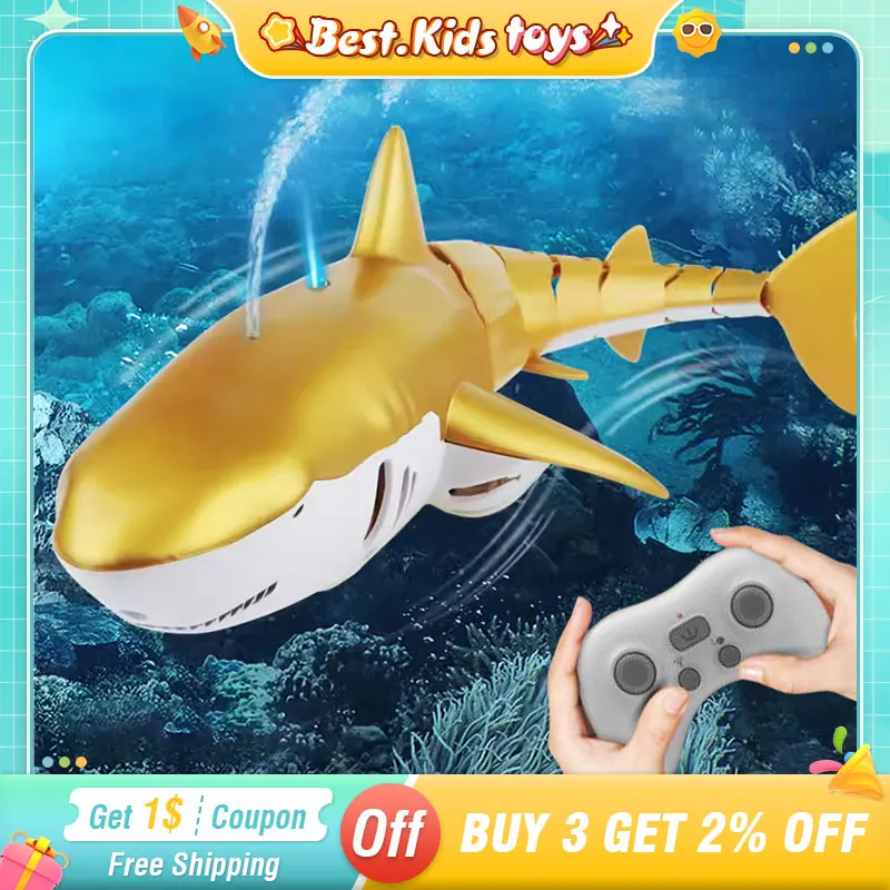 2.4G RC Shark Upgrade Spray Water Simulation Remote Control Animals With Lights Submarine Robots Fish Electric Kids Toys For Boy