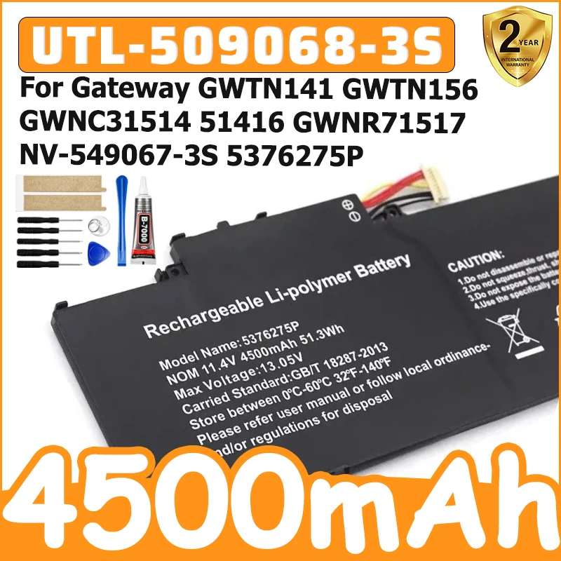 4500mAh UTL-509068-3S Battery for Gateway GWTN141 GWTN156 GWNC31514 51416 GWNR71517 NV-549067-3S 5376275P