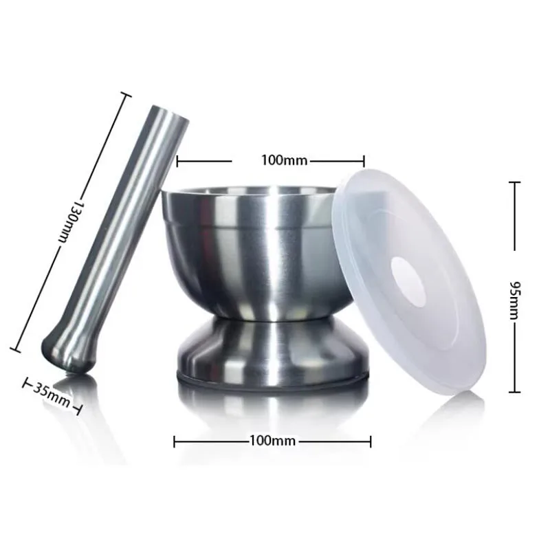 304 Stainless Steel Mortar And Pestle Set 100mm Lab Grade Grinding Bowl with Non-Slip Base for Herb Spice Paste Grinding