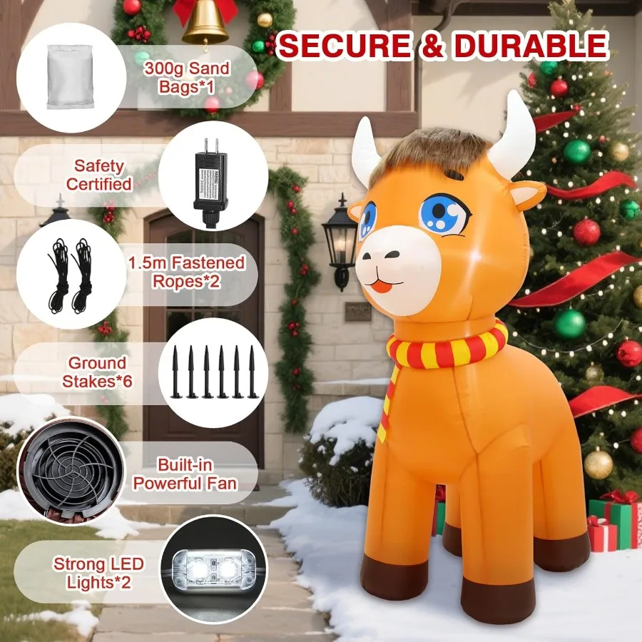 عيد الميلاد نفخ الزينة في الهواء الطلق 6FT المطاطية المرتفعات البقرة الربيع ساحة ديكور أضواء LED تفجير هايلاندر الماشية Ca