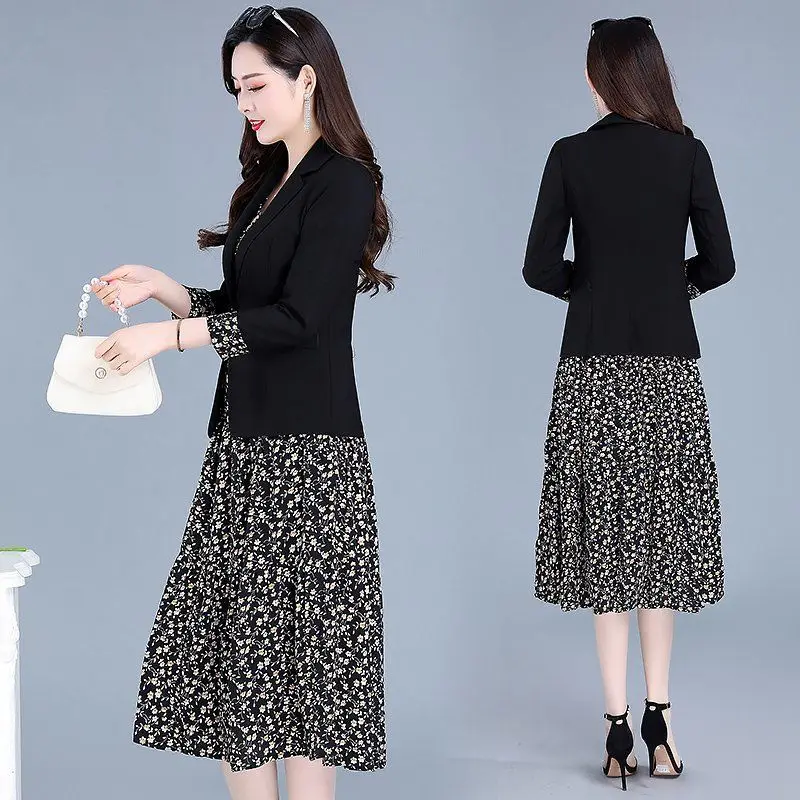 Elegant Women Floral Dress Suit 2023 Spring Autumn Three Quarter Blazer Coat+Sleeveless A-Line Dress Two Peice Sets Plus Size