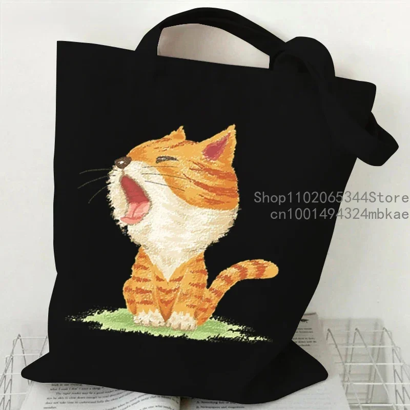 Canvas Tote Bag Women\'s Cute Comic Cats Shoulder Bag Student Portable Designer Shopping Bags Cartoon Kitten Men Casual Handbags