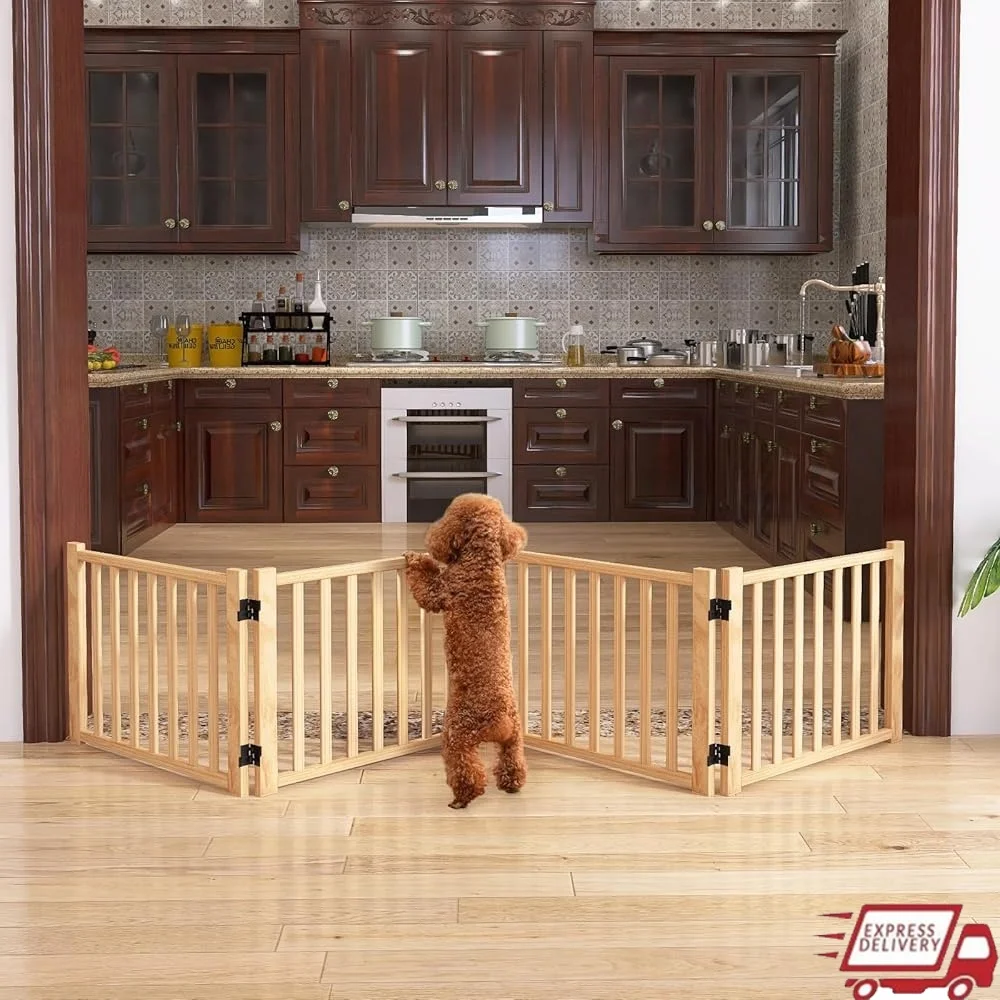 

Paint-Free Wooden Freestanding Dog Gate Indoor Pet Fence Room Divider Easy Folding Pet Barrier Non-Slip Rubber Feet Dog Gates