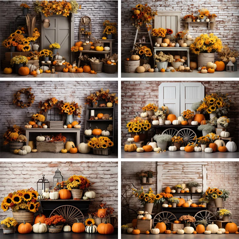 Fall Thanksgiving Photography Backgrounds Pumpkins Brick Wall Sunflowers Kids Portraits Photo Backdrop Baby Shower Decor Props