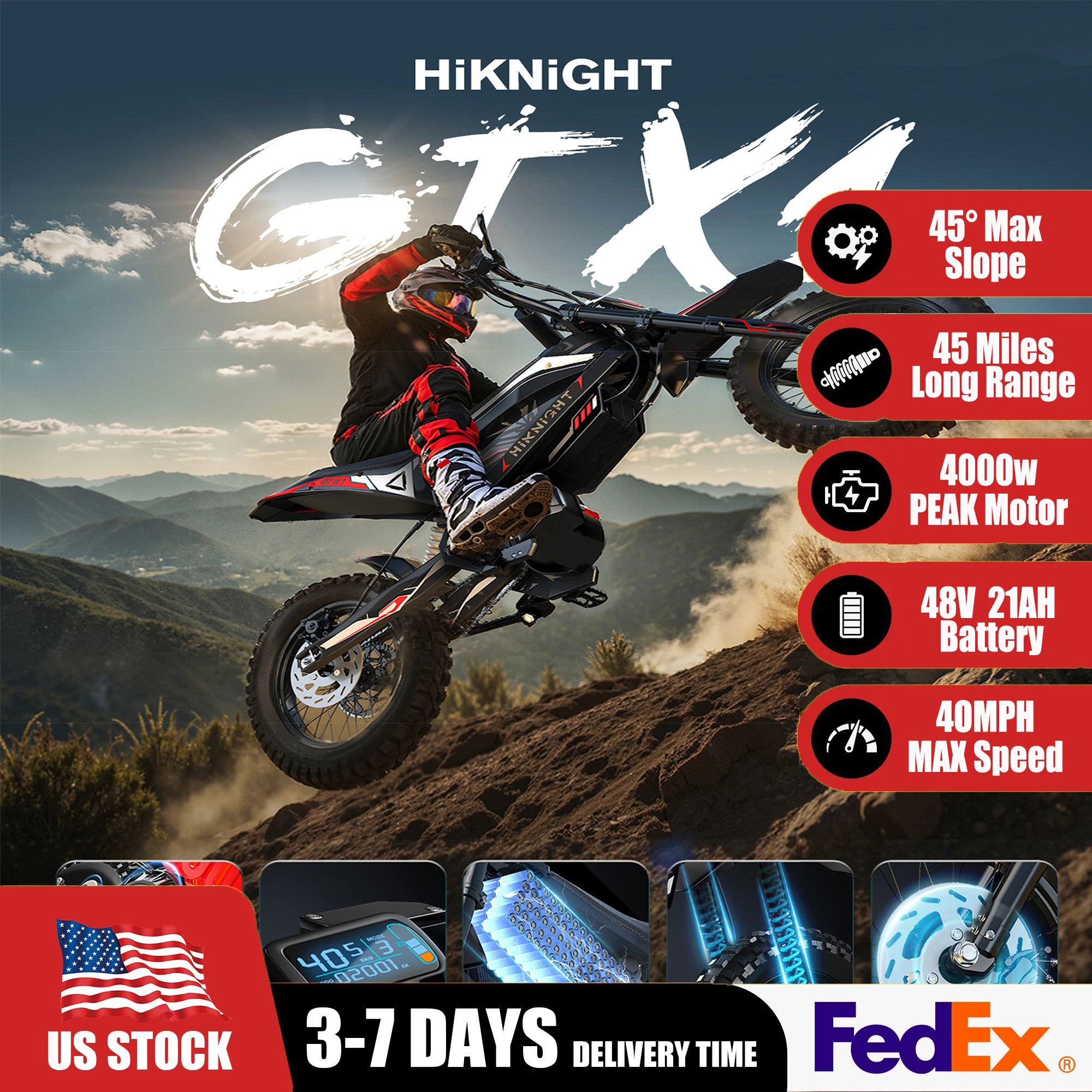 GTX1 4000W Teenage Off-Road Electric Motorcycle with a 45 Mile Long Range, Waterproof Aluminum Alloy Frame, Mountain Beach, All Terrain. Fully Shock-Absorbing Electric Bicycle. Fully Shock-Absorbing Frame