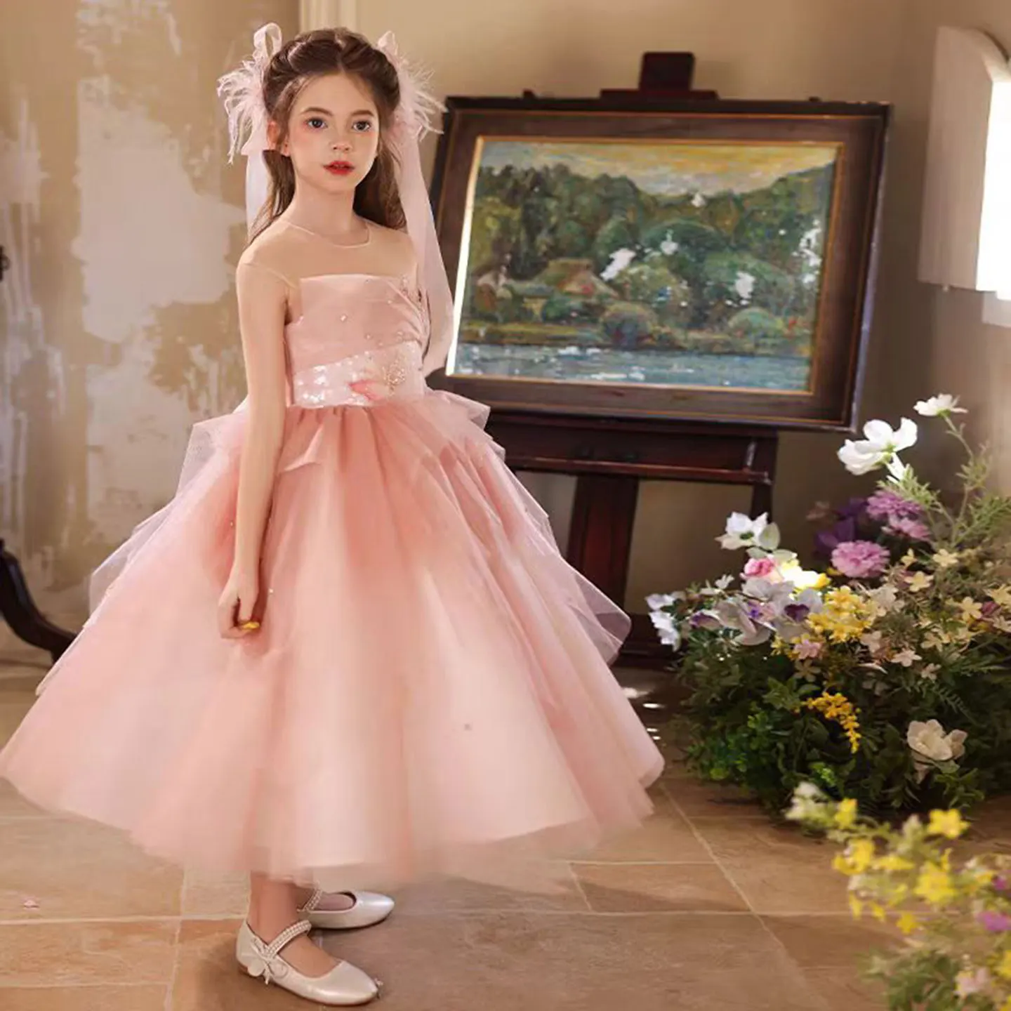 Jill Wish J527 Elegantes rosa Perlen-Blumen-Mädchenkleid mit Schleife, Pailletten, A-Linie, Prinzessin, Hochzeit, Geburtstag, Party, Abendkleid