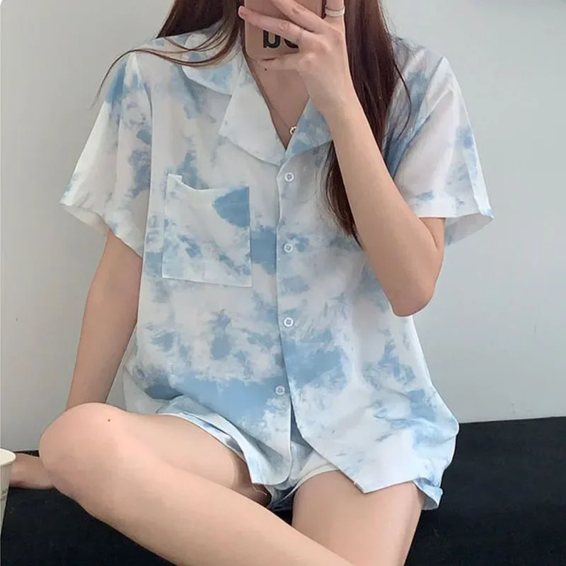 Tie Dye Sleepwear Women Pajamas Shorts Set Korean Pocket Pijama Set 2 Pieces Summer Nightwear Button Home Suit Sleeping Pijama