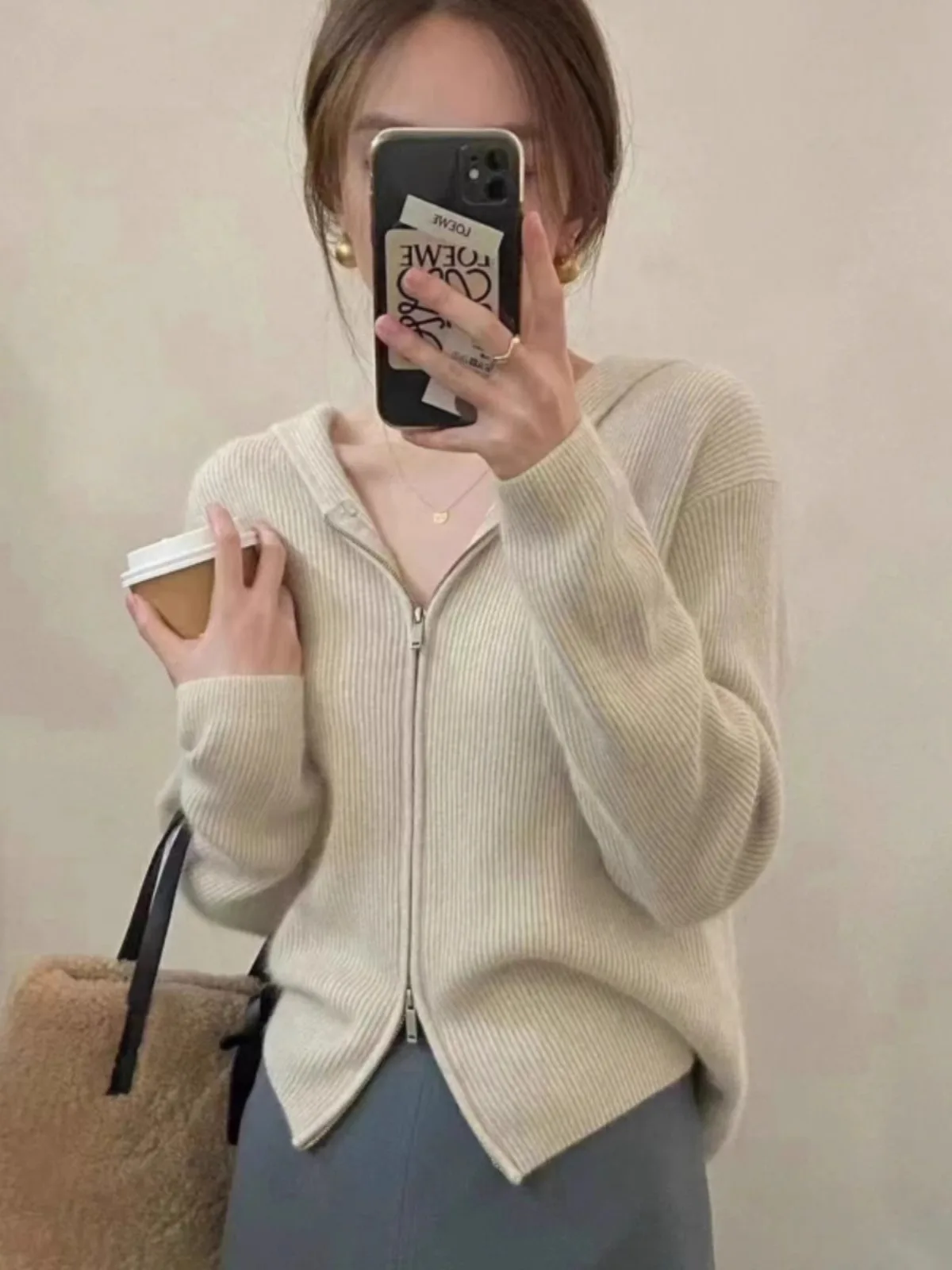 

Foreign style double zipper hooded cashmere knit cardigan women's sweater Spring and autumn lazy loose hoodie wool hoodie coat