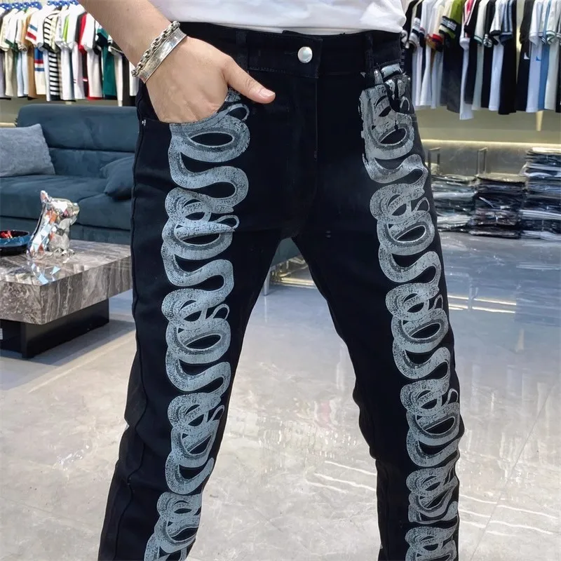 

2024 Fashion Brand Skinny Jeans Men Erkek Kot Pantolon Foot Pant Print Men Jean Pant European Jean Men Hombre Jeans Masculina