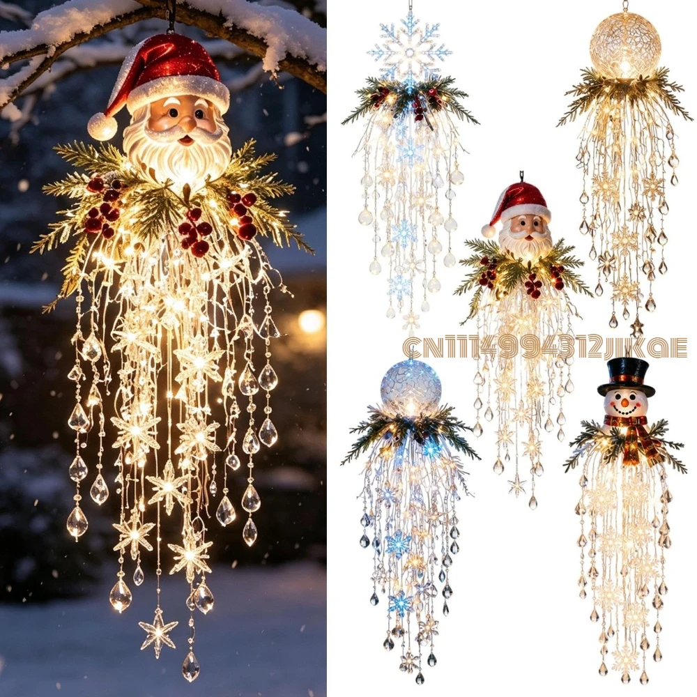 Crystal Cascade Christmas Hanging LED Light Snowflake Decor,4 Festive Styles, Crystal-Style Drops, 14 in Length
