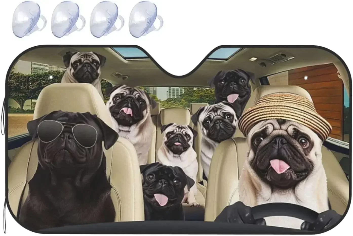 Funny Pug Driving Car Windshield Sun Shade Foldable Car Front Window Sunshade for Car SUV Trucks Vans Heat Shield Blocker