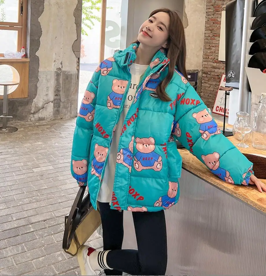 2023 Women\'s Winter Jacket Cold Coat Thick Cotton Padded Parka Korean Girl Cute Bear Hooded Loose Parkas Woman Puffer Jackets