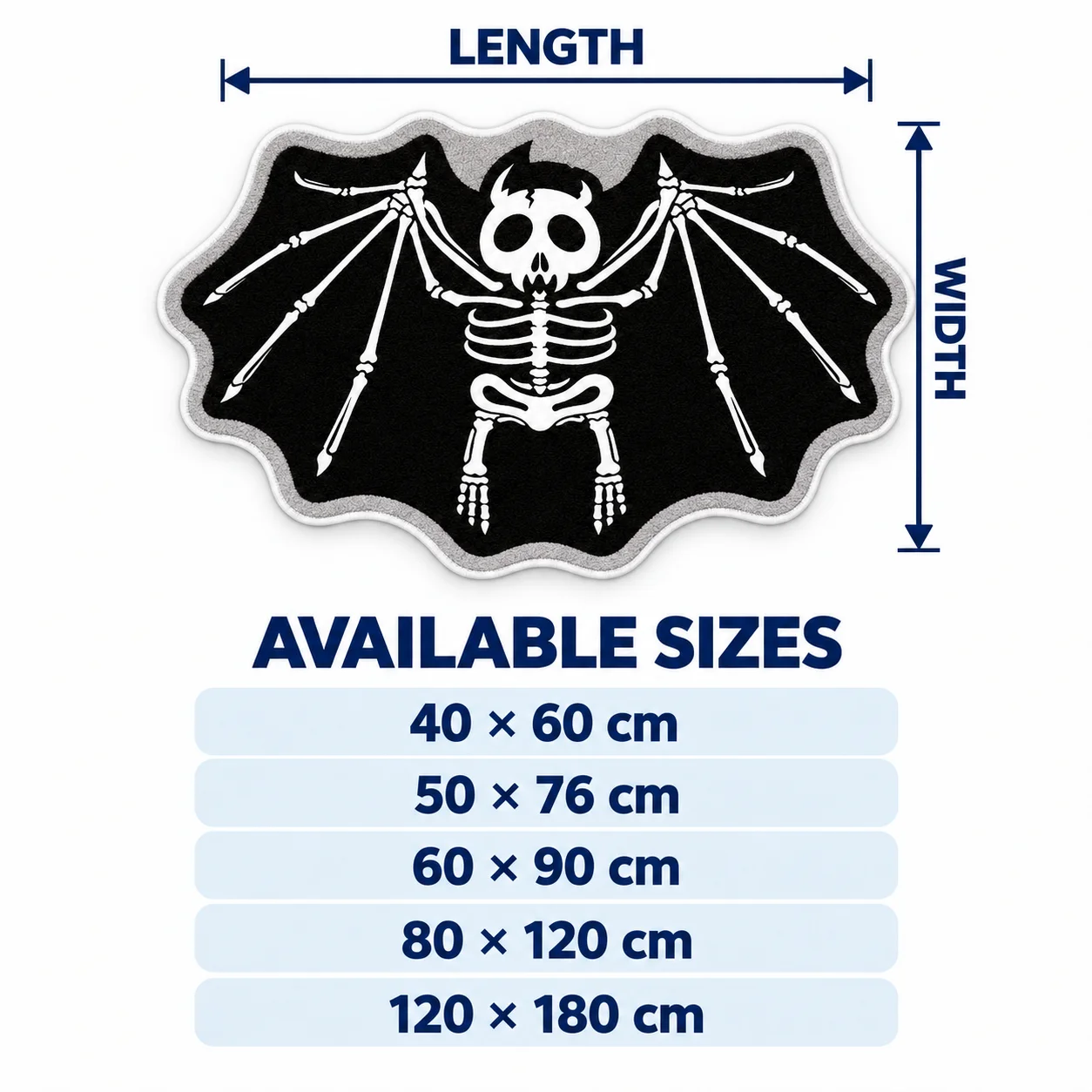 Winged Devil Skeleton Shaped Area Rug, Gothic Black White Floor Mat for Bedroom Music Room Man Cave, Halloween Home Decor Gift