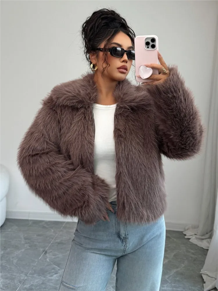 

Fur Coat Woman Winter Clothes Loose Temperament Casual Commuting Turn-down Collar Solid Color Trendy Simple Style All-match