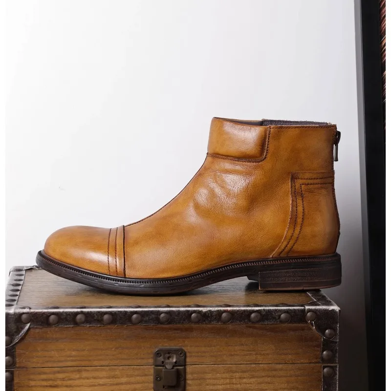 

Chelsea Boots Men's Genuine Leather Retro Motorcycle Luxury Outdoor Casual Work Shoes Male British Office Brown Ankle Boots