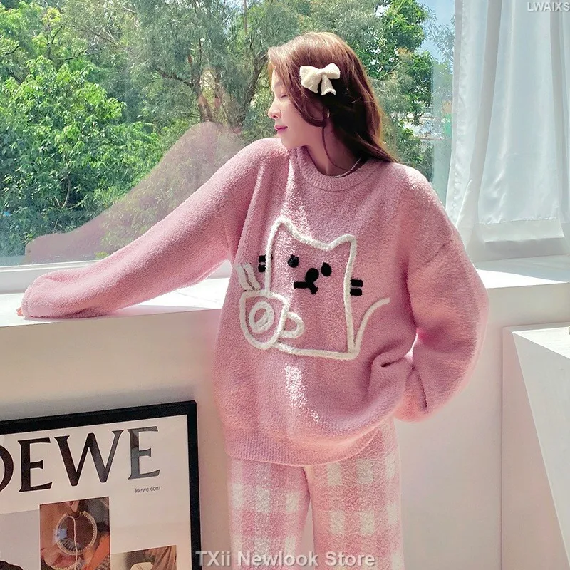 Wearing Soft Pajamas Women's Autumn and Winter Sweet Japanese Style fleece-lined Thickened Cartoon Cat Two-Piece Home Clothes