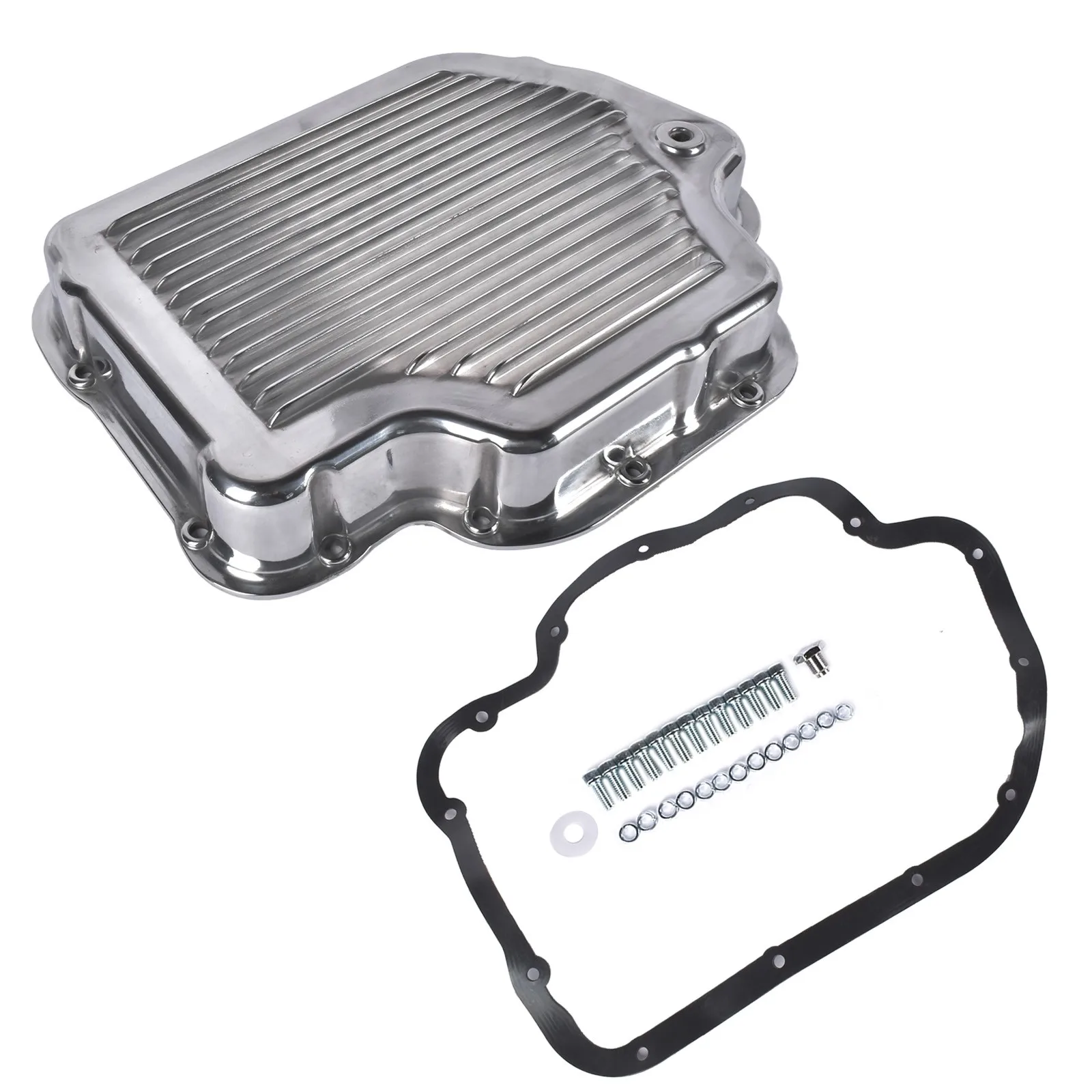 AP02 Polished Finned Aluminum Transmission Oil Pan w/ Drain Plug 2-1/4