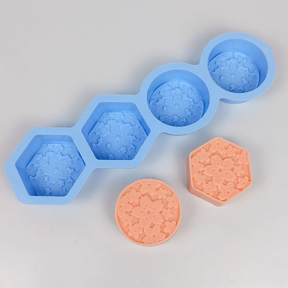 4 Holes Relief Flower Hand Soap Silicone Moulds Easy Demold Sakura Sphere Candle Gypsum Mold Round Hexagon Chocolate Making Tray