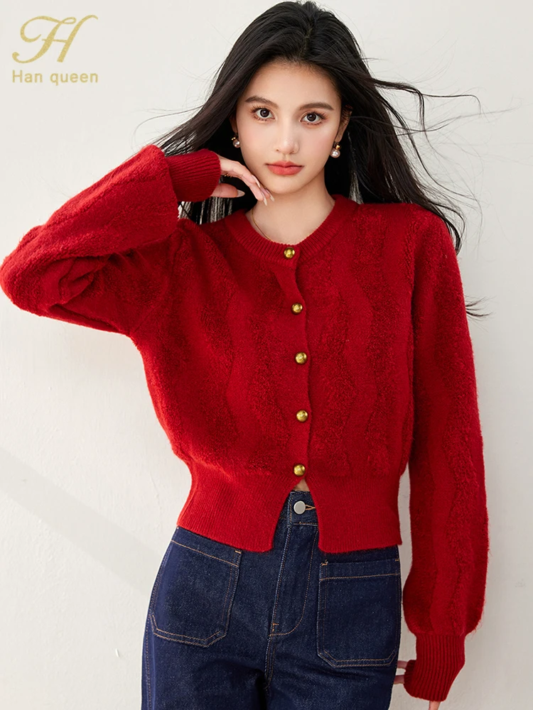 H Han Queen 2024 Autumn Winter Knitted Sweater Korean Vintage Red Jacket Cardigan Women Long Sleeve Female Clothing Fashion Tops