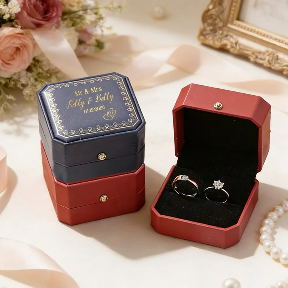 Personalized Faux Leather Ring Box Velvet Lined Engagement Custom Jewelry Storage Romantic Gift for Bride Valentines Day for Her view 5