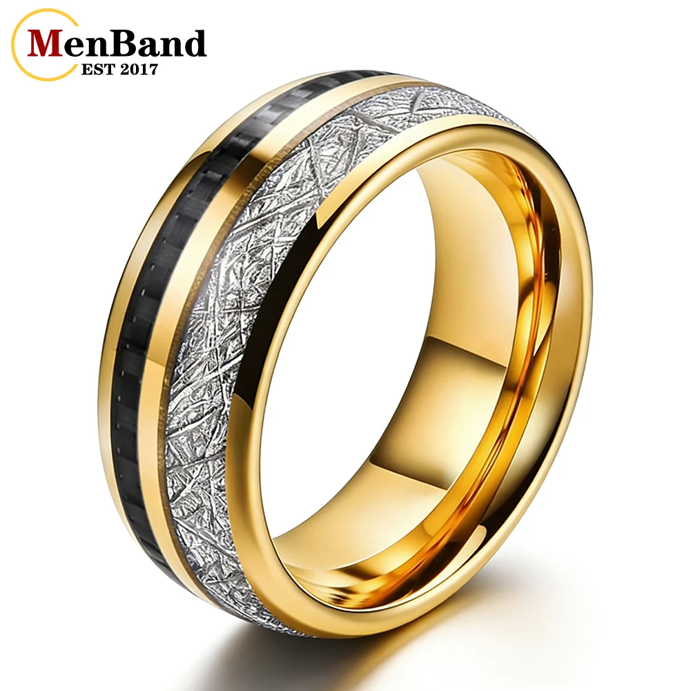 

Mens Womens Wedding Band Tungsten Carbide Ring 8MM With Black Carbon Fiber And White Meteorite Inlay Dome Polished Comfort Fit