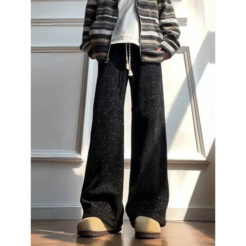 

Повседневные мужские трикотажные брюки прямого кроя с блестящим декором, свободные, в американском стиле, из полиэстера, для ежедневной носки