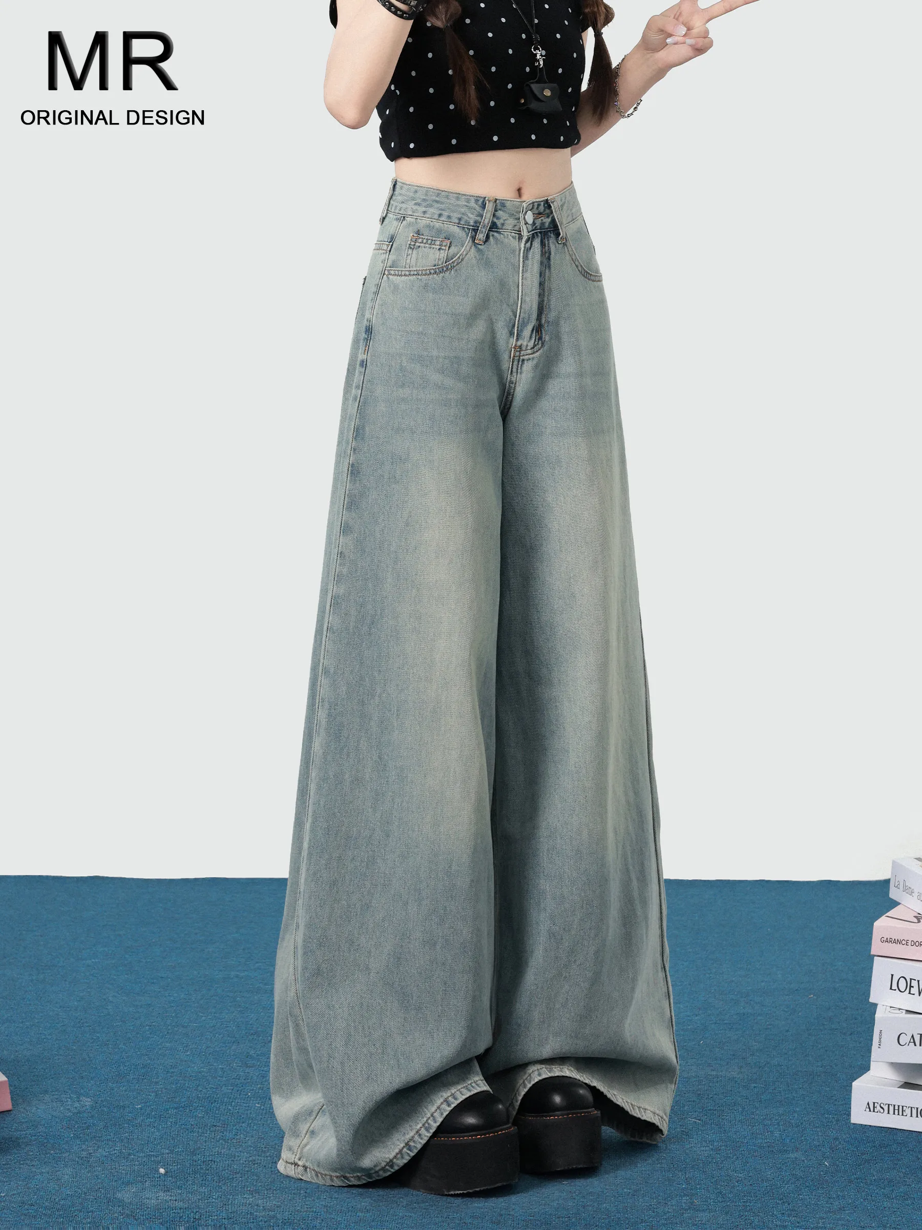 

Американские джинсы с высокой талией и широкими штанинами для женщин: свободные, стройнящие, больших размеров, драпирующиеся, в пол, повседневные, осенняя новинка