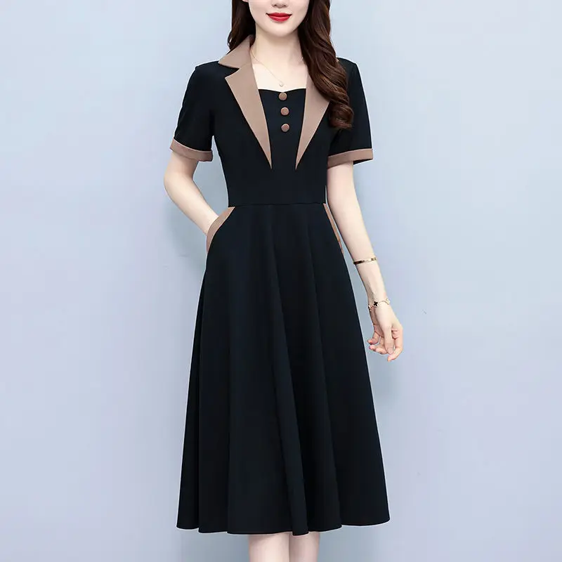 

Fake Two Pieces Medium Long Large Size Women's Dress 2023 Summer Temperament Contrast Color Suit Collar Dress OL Clothes Z2085