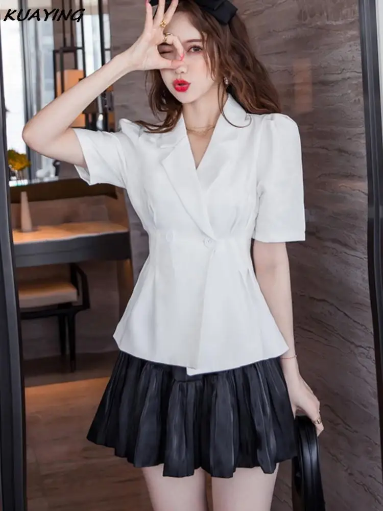 Y2K Fashion Blazers Pleated Short Skirt Suits Summer Black White Short Sleeve Temperament Korean Women\'s Clothing Two Piece Set