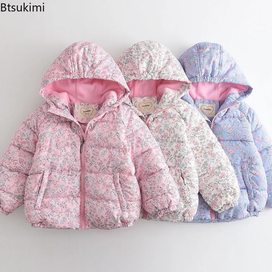 Baby Girls Cotton Jacket Middle Small Children Winter Short Children's Female Treasure Print Flowers Cotton Clothing 100-150cm