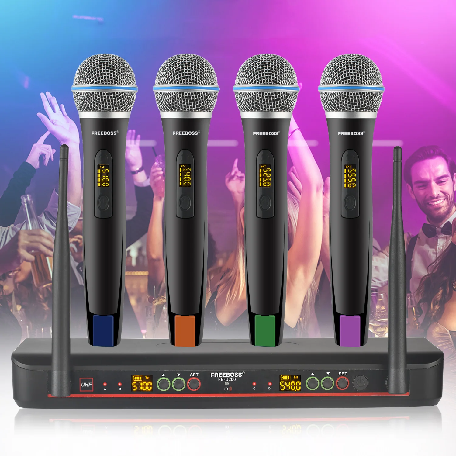 FREEBOSS 4-канальный беспроводной ручной микрофон IR Регулируемая частота UHF 30 м Рабочий профессиональный динамический микрофон для сцены