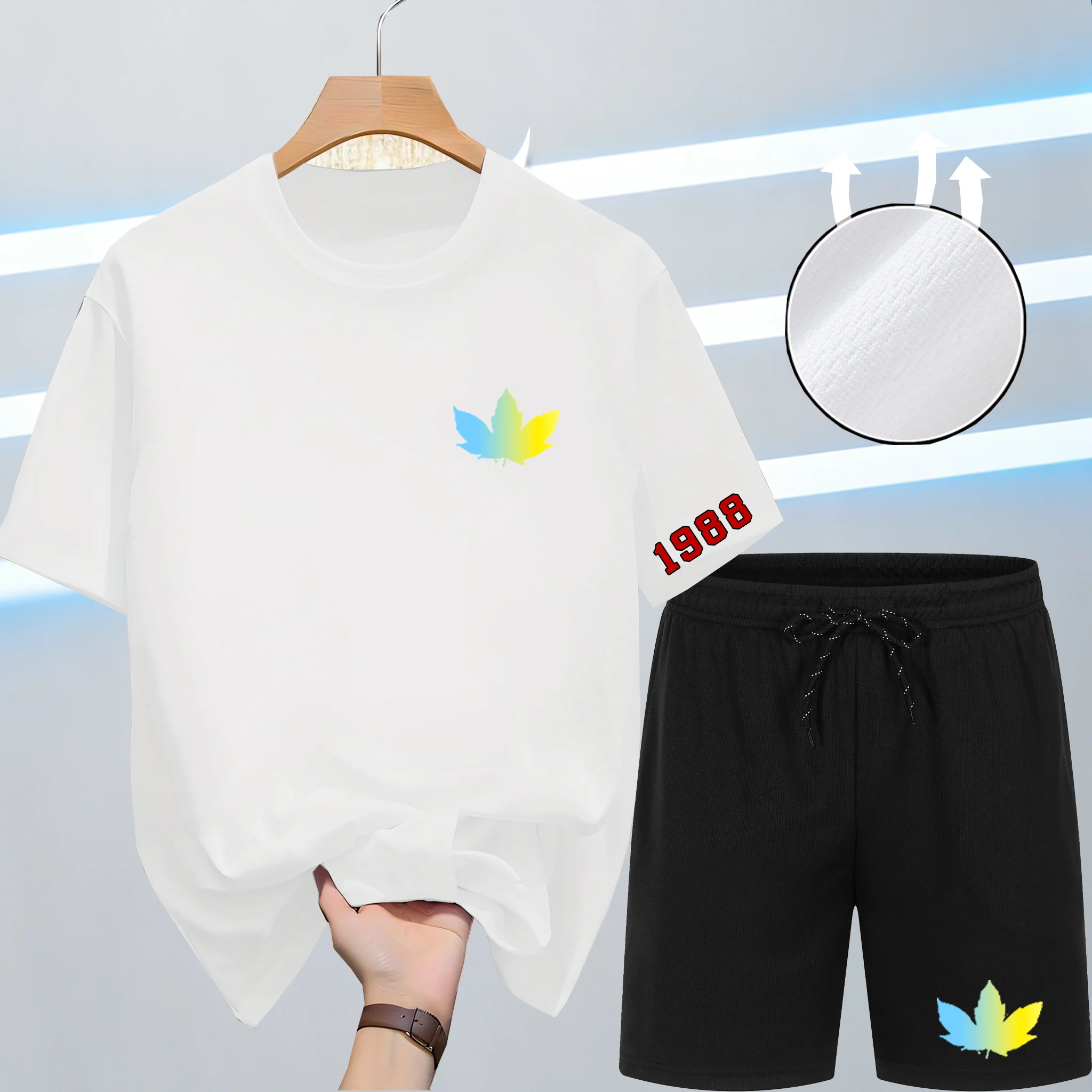 Summer Quick-Dry New Men's 2-Piece Fashion tracksuits Casual Breathable Short Sleeve maple leaf Print Sports T-shirt+Shorts Sets view 2