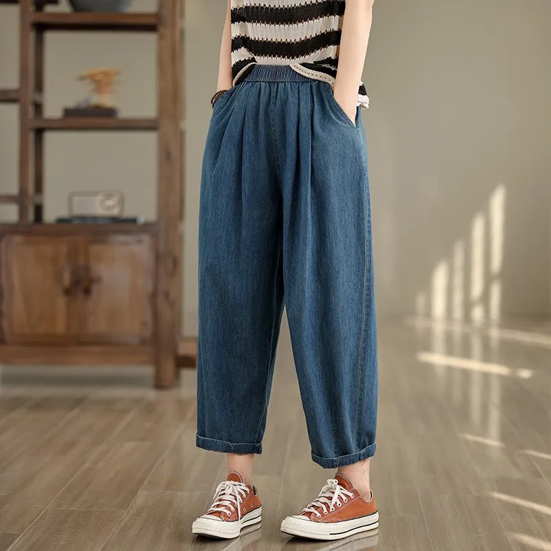 

2024 New Arrival Spring Summer All-matched Casual Elastic Waist Cotton Denim Harem Pants Vintage Blue Loose Women Jeans P703