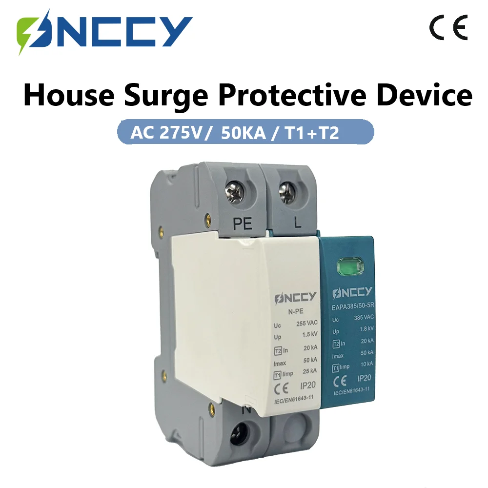 ONCCY T1+T2 Class 50KA SPD 2P 1P+NPE Surge Protector 275VAC Din Rail House Surge Protector