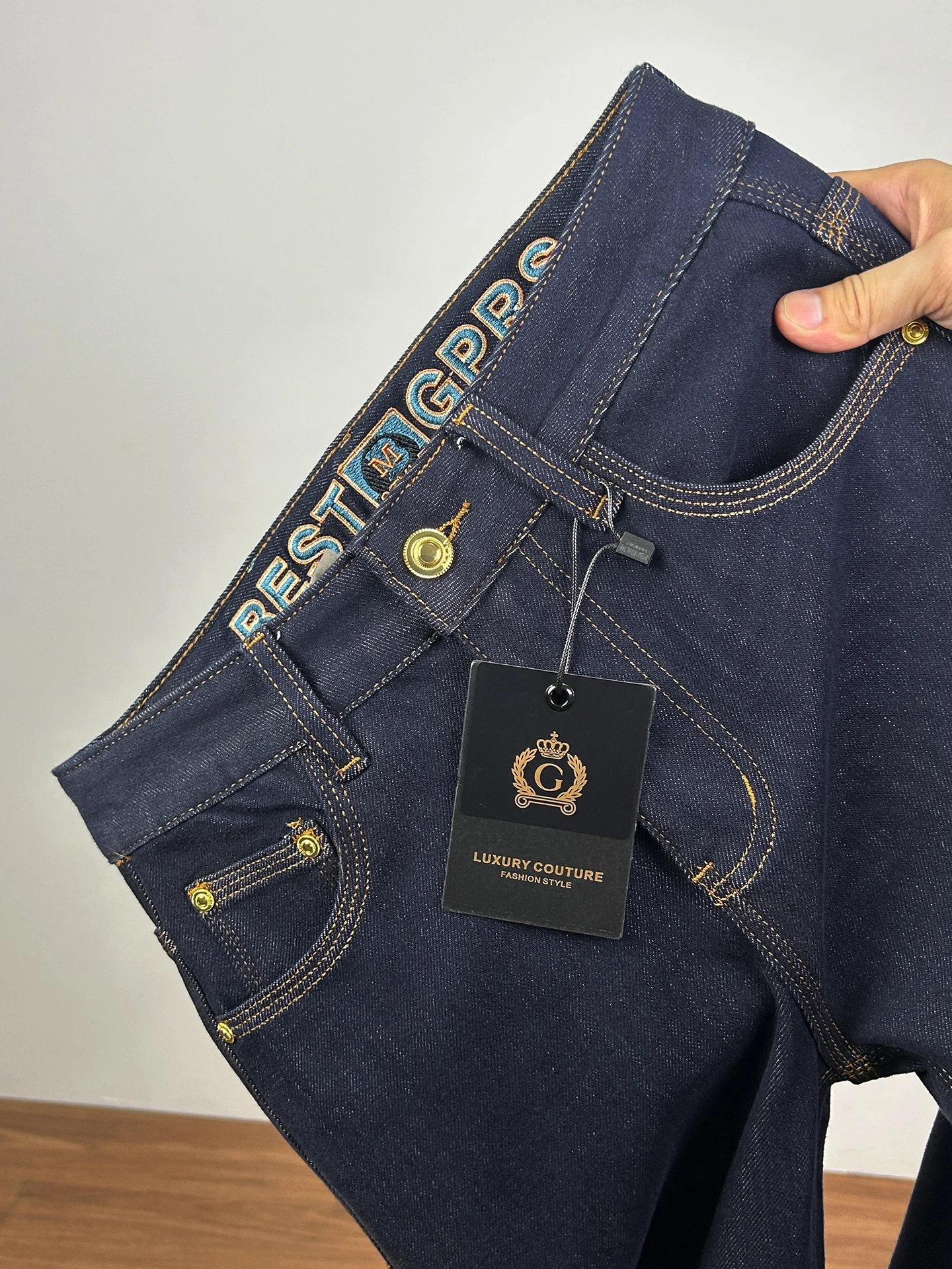 

Deep Blue Men's Trendy High-End Autumn Denim Pants Original Wa Four-Way Elastic Straight Leg Jeans Cotton Stretch Denim