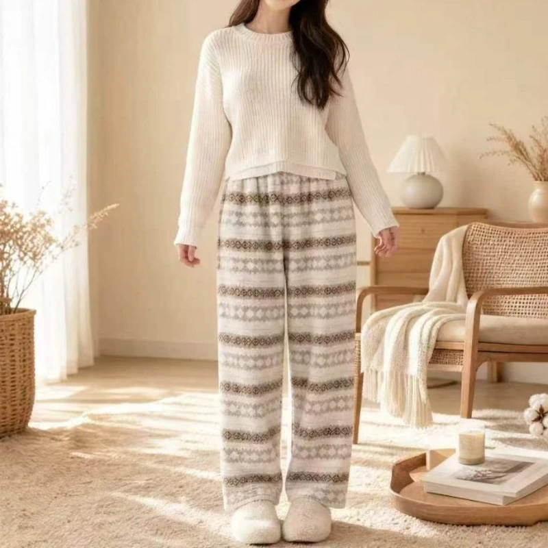 Women's Pajama Pants Winter Printed Double-sided Fleece Fabric Home Long Pants Fluffy Thicken Warm Comfortable Casual Trousers