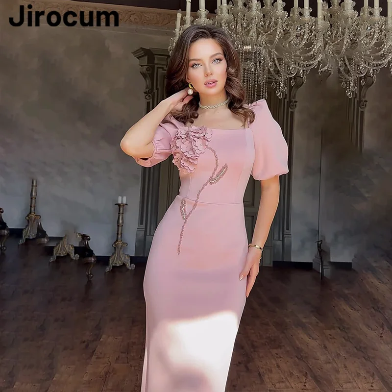 Jirocum-Elegante vestido de baile de sereia feminino, manga curta, gola quadrada, vestido de noite festa, comprimento do tornozelo, floral, vestidos formais