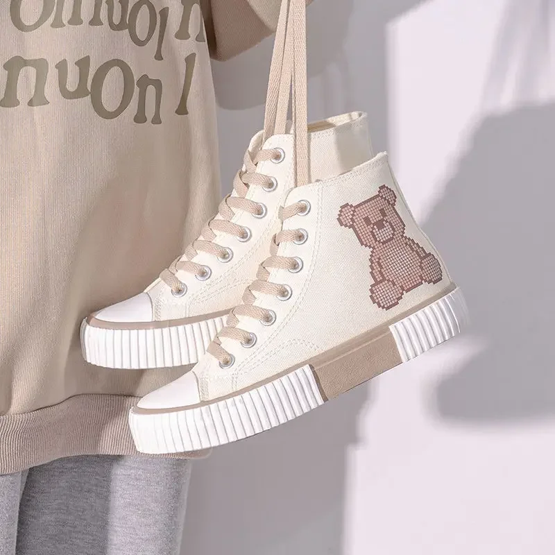 2023 Bear Canvas Sneakers Fashion Print Woman Flats Autumn Students Daily Wear Casual Korea Style Cartoon Ladies Footwear