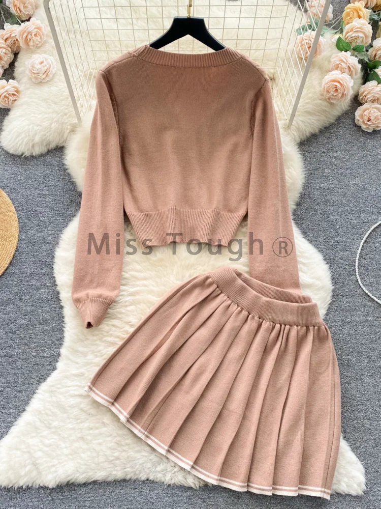 French College Style Retro Knitted Two Piece Set Women Lapel Sweater + High Waist Skirt Casual Pretty Solid Slim Suit Autumn New