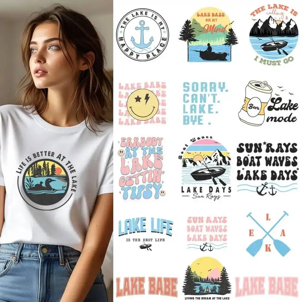 25CM Outdoor Lake Scenery Transfer Patches For Clothes Stickers DIY A-Level Washable Shirt Iron-on Thermal Stickers