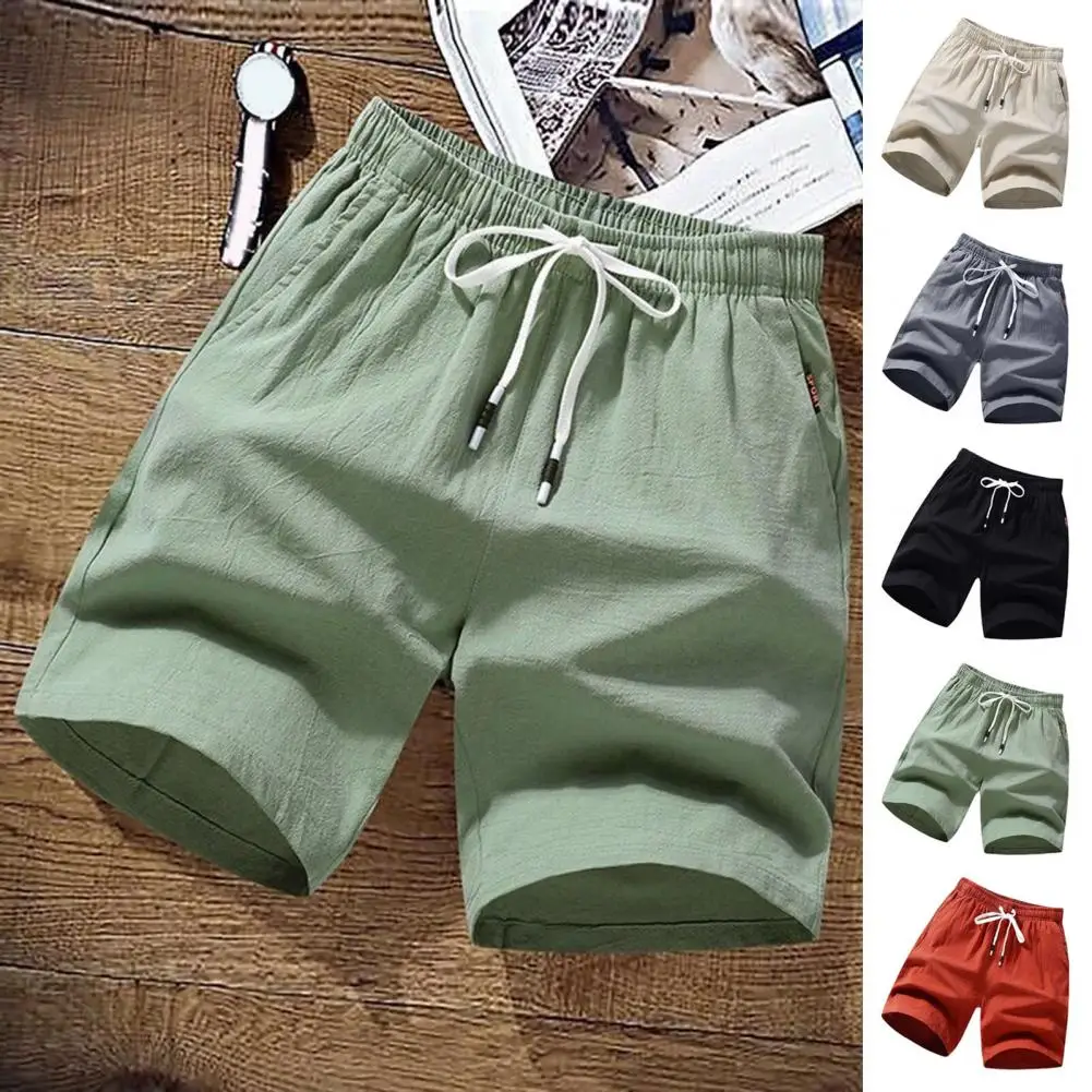 New Men's Cotton Linen Shorts Pants Male Summer Breathable Solid Color Linen Trousers Fitness Streetwear Lace up Bottoms