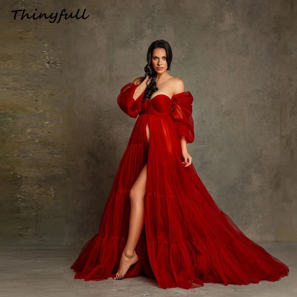 

Thinyfull A-line Tulle Off Shoulder Pregnant Woman's Dress Sweetheart Long Sleeves Maternity Gowns Long Prom Gowns Customized