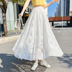 Elegant Lace Mesh Midi Skirt Women Fashion White Tulle Pleated Skirts Summer Streetwear Korean High Waist Black A Line Skirt New