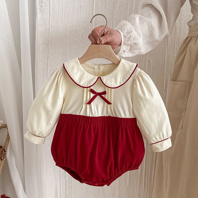 2025 New Autumn 0-24M Baby Girls Clothing Newborn Baby Girls Bodysuits Long Sleeved Cotton Splicing Korean Style Climbing Suit