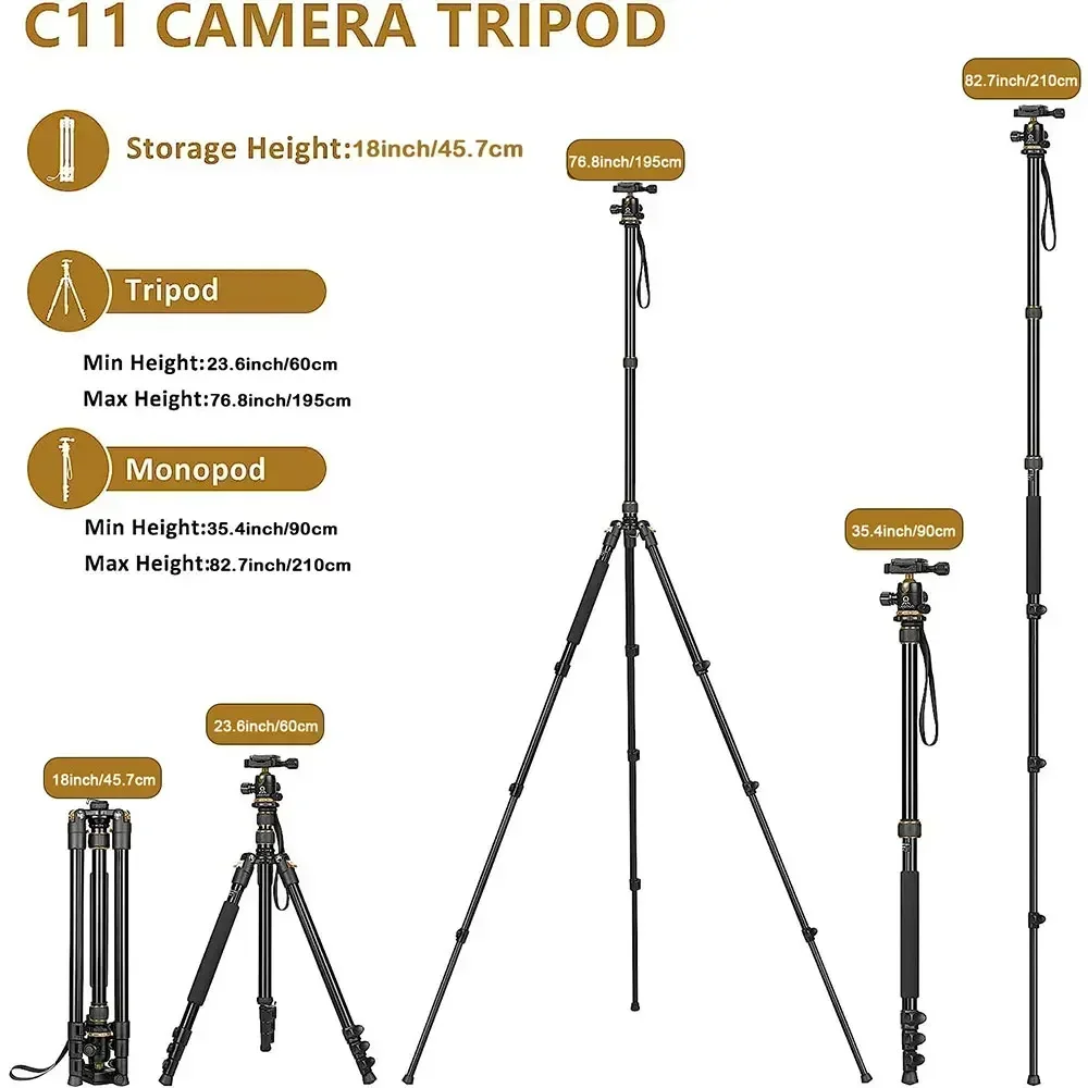 UEGOGO C11 Camera Tripod Stand Profession Aluminum Alloy Low Angle Photography Travel Tripod Arca Swiss Plate for DSLR Cameras