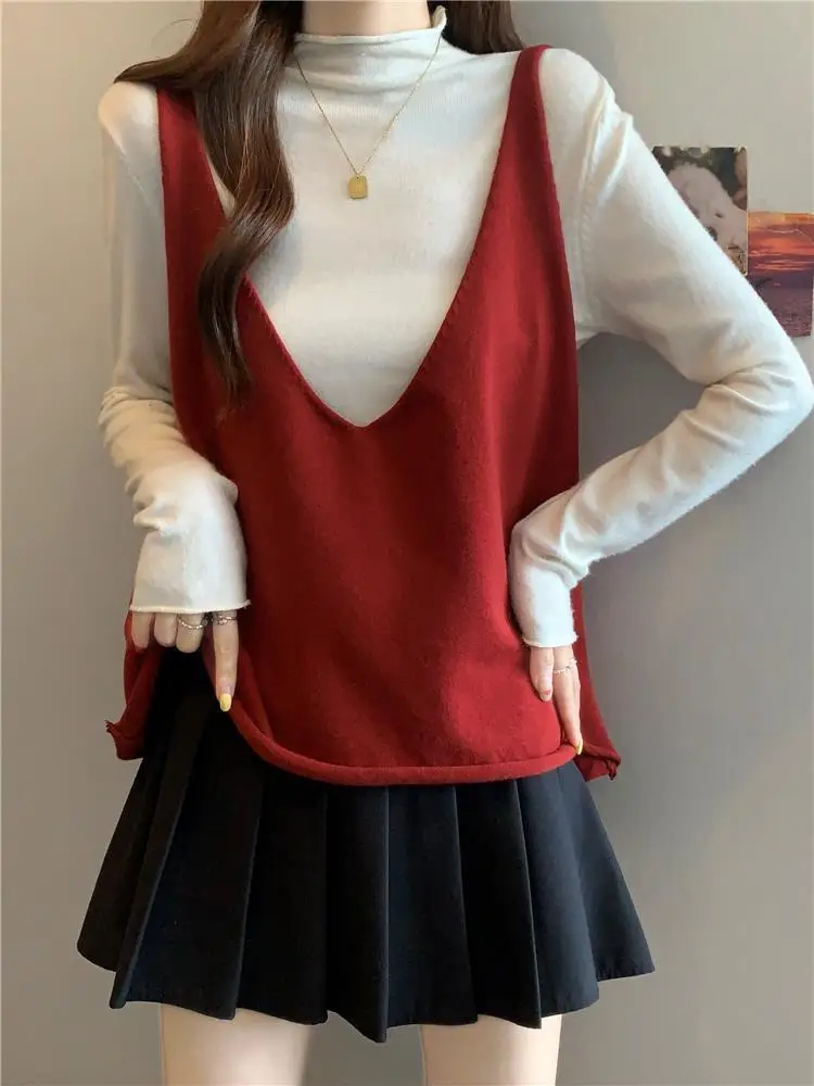 Chaleco de punto rojo V-Ne para mujer, Top holgado con capas de talla grande, ropa de maternidad cómoda e informal para principios de otoño