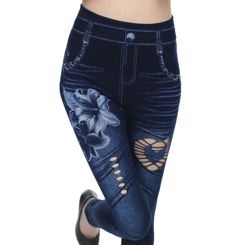 Women\'s Pants Printed Seamless Imitation Denim Tight Leggings Sexy Leg Wrap Pants Cropped Pants Pants women