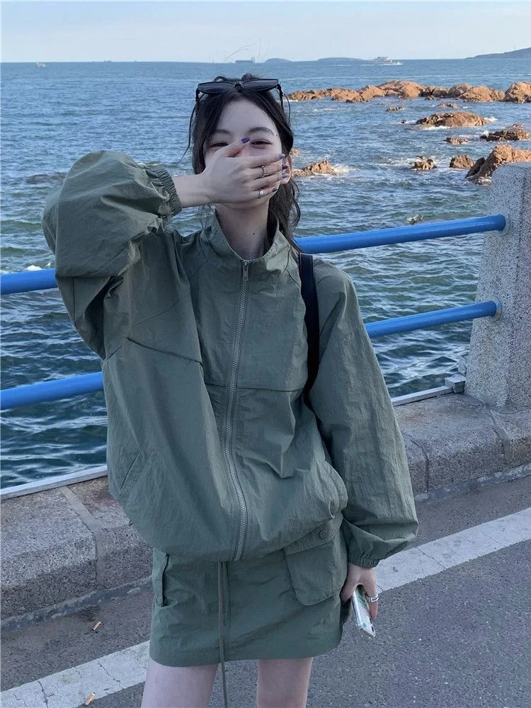 Vintage Women's Stand Collar Sun Protection Set - Lightweight Windbreaker & Flowy Skirt for Spring/Summer Outdoor Adventures